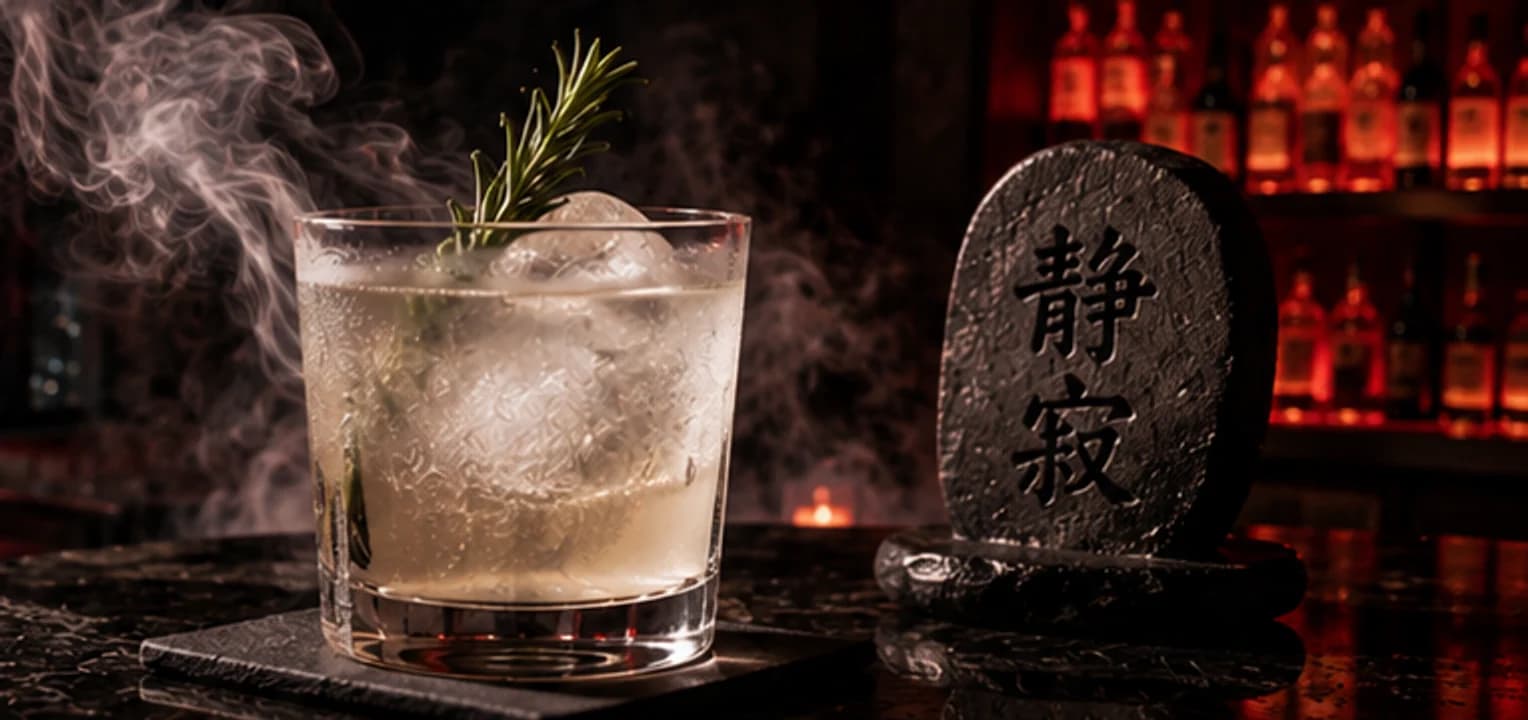 The English Opening — a rocks glass over crushed ice with a rosemary sprig and drifting smoke.
