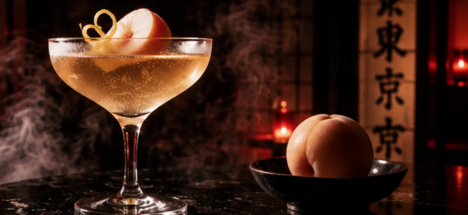 The Italian Game — a sparkling coupe with a white peach and lemon twist, lit by candlelight.