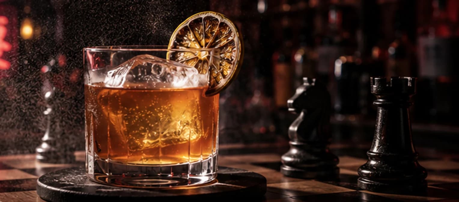 The King's Gambit — an amber pour over a clear block with a charred citrus wheel.