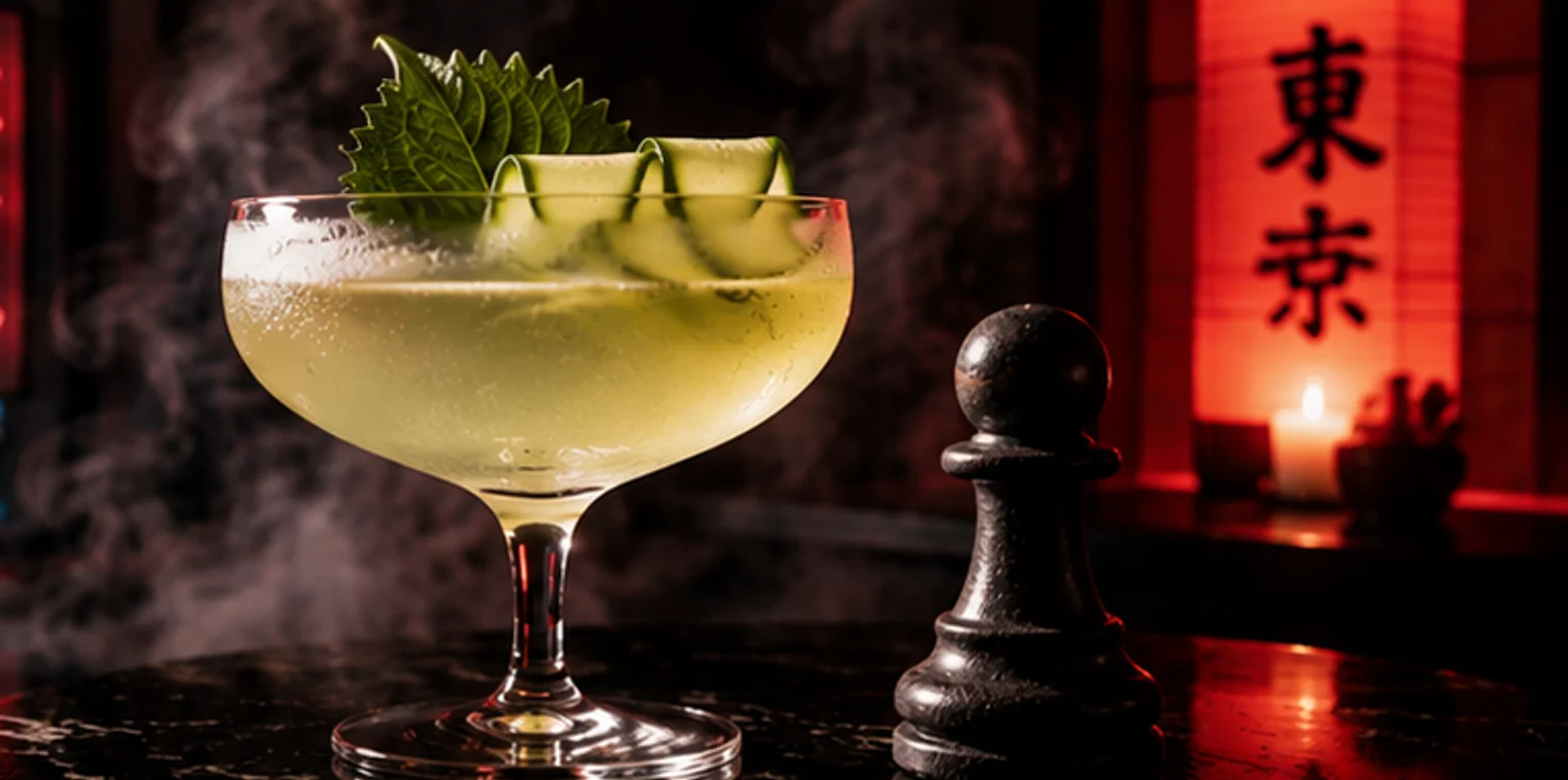 The Queen's Pawn — a pale green coupe finished with cucumber ribbons and a shiso leaf, beside a black pawn.