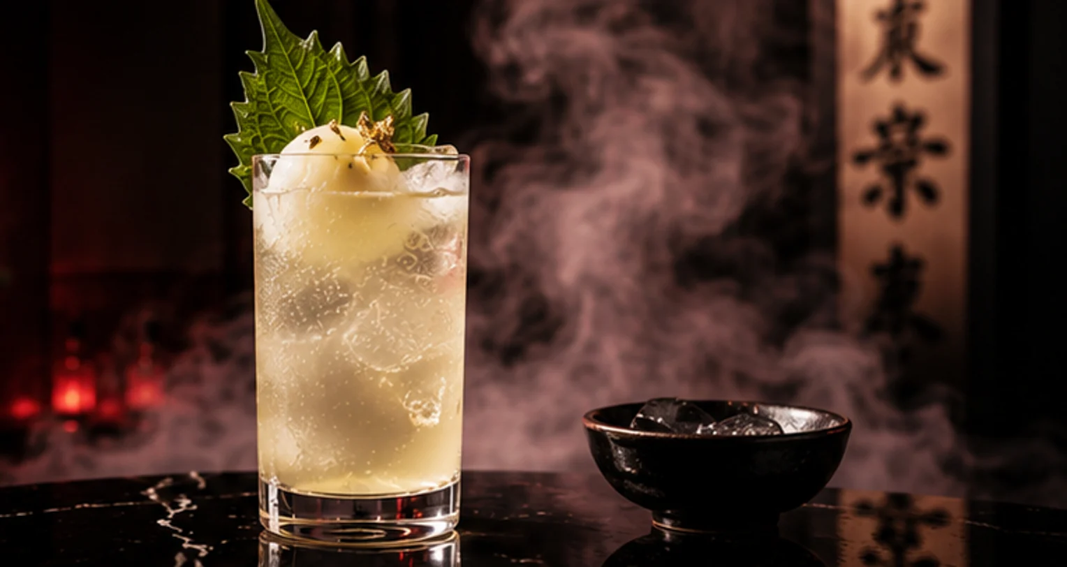 The Réti — a tall highball with a shiso leaf, lychee and a fleck of gold leaf.