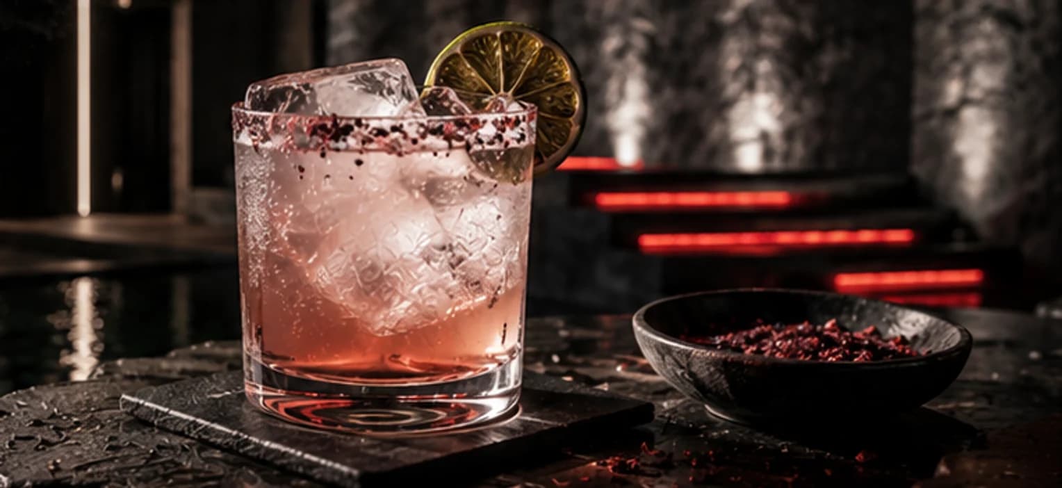 The Smith-Morra — a blush rocks pour with a hibiscus salt rim and a charred lime wheel.