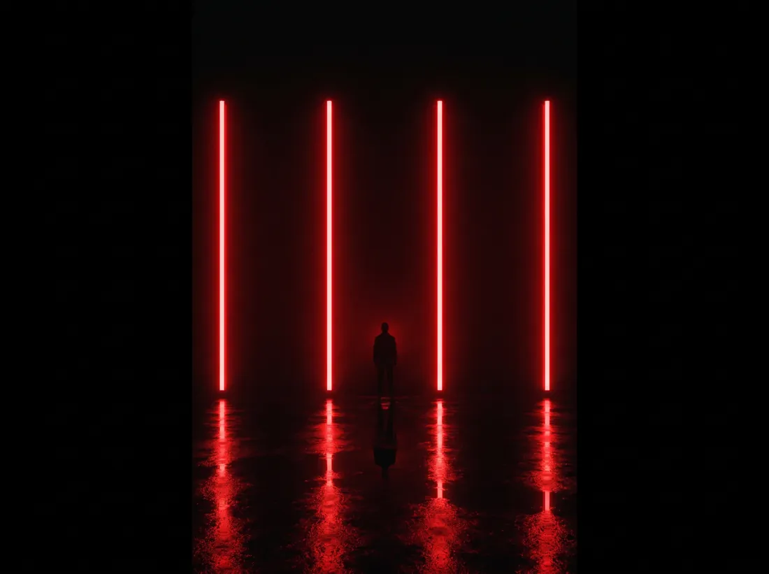 Tall vertical bars of red neon in a black void, reflected on a wet floor.