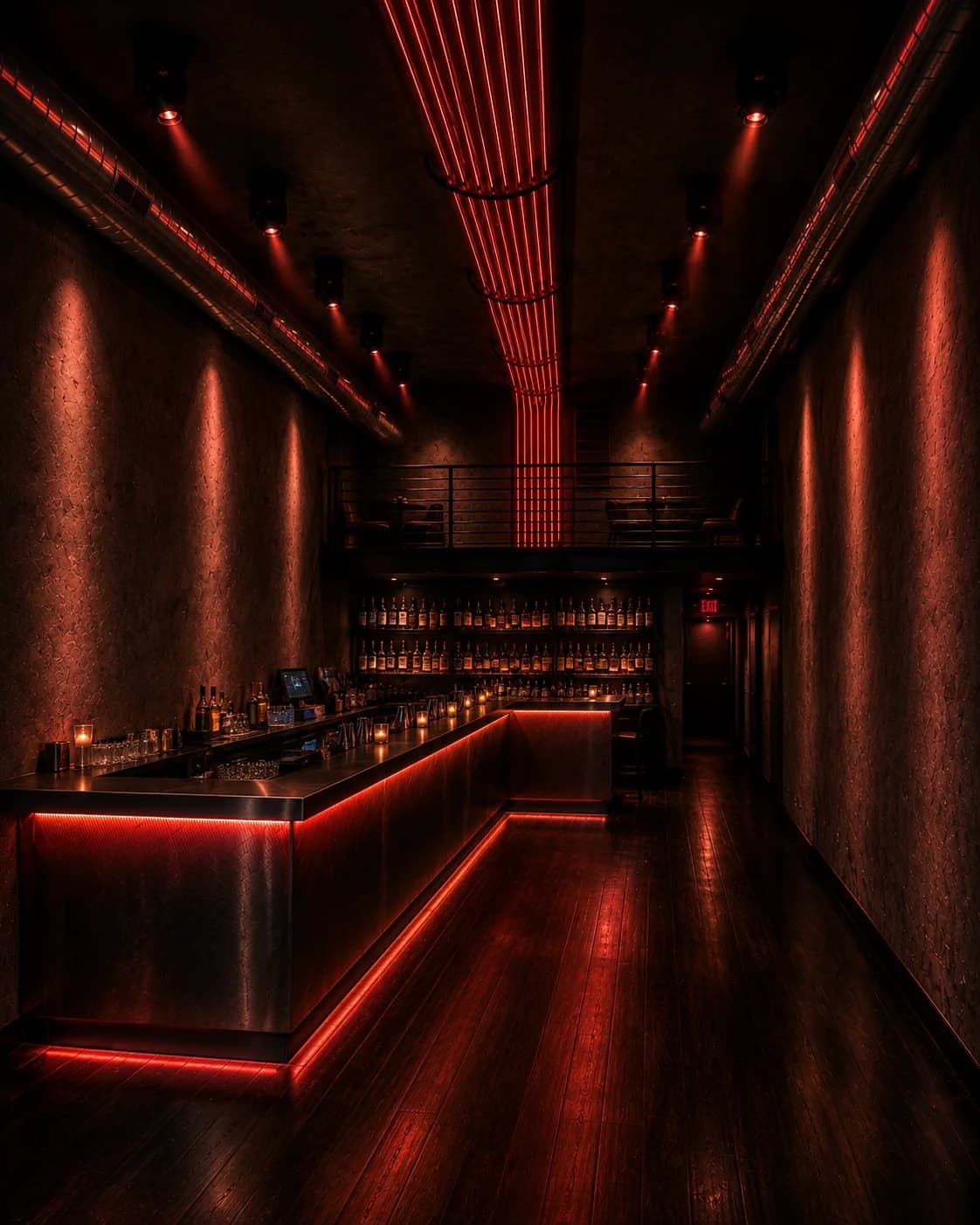 The long steel bar at THEORY, edge-lit in red beneath the mezzanine.